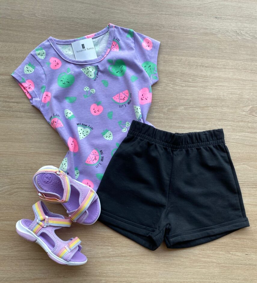 Conjunto Infantil Feminino Blusa Manga Curta Estampada e Short Preto Fernanda Ramos Kids