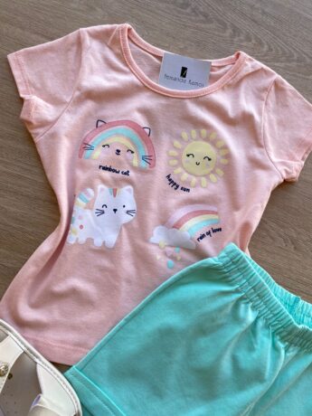 fernandaramoskids com br Conjunto Infantil Feminino Blusa Manga Curta Estampada Salmão e Short Verde 1