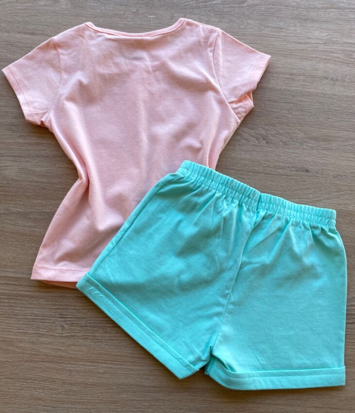 fernandaramoskids com br Conjunto Infantil Feminino Blusa Manga Curta Estampada Salmão e Short Verde 3