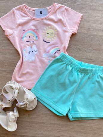 Conjunto Infantil Feminino Blusa Manga Curta Estampada Salmão e Short Verde Fernanda Ramos Kids