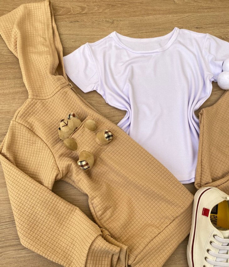 fernandaramoskids com br Conjunto Infantil Feminino Blusa Manga Curta + Jaqueta + Calça Bege 1