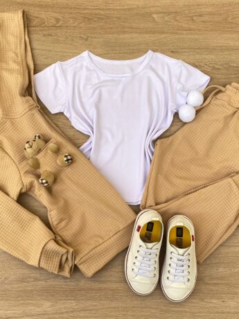 Conjunto Infantil Feminino Blusa Manga Curta + Jaqueta + Calça Bege Fernanda Ramos Kids