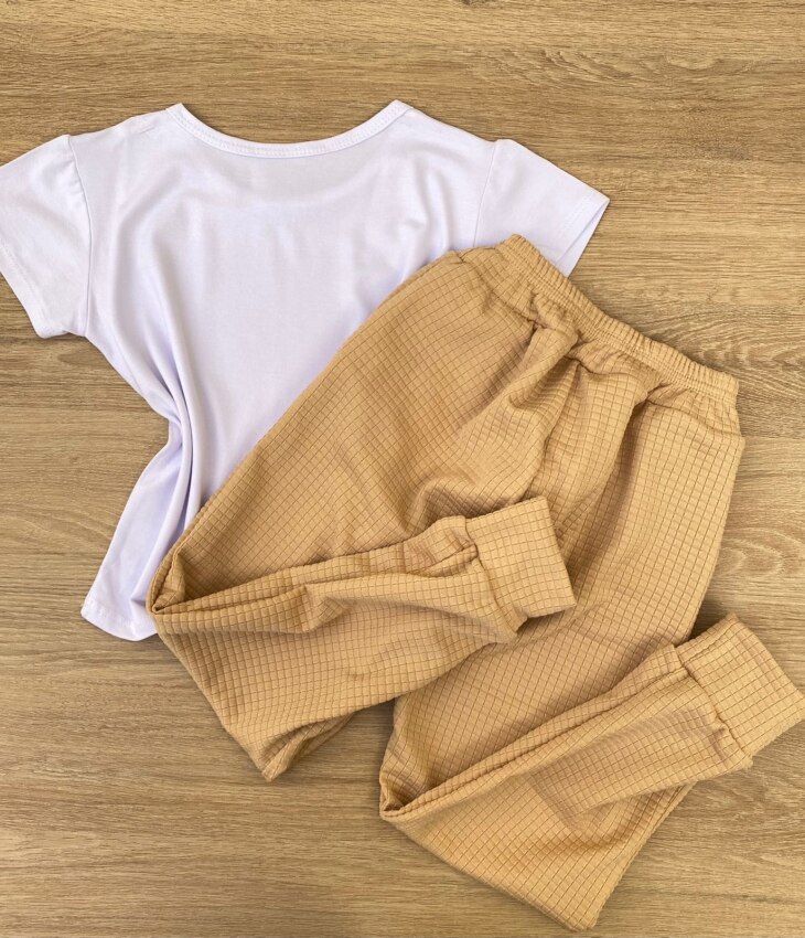 fernandaramoskids com br Conjunto Infantil Feminino Blusa Manga Curta + Jaqueta + Calça Bege 4