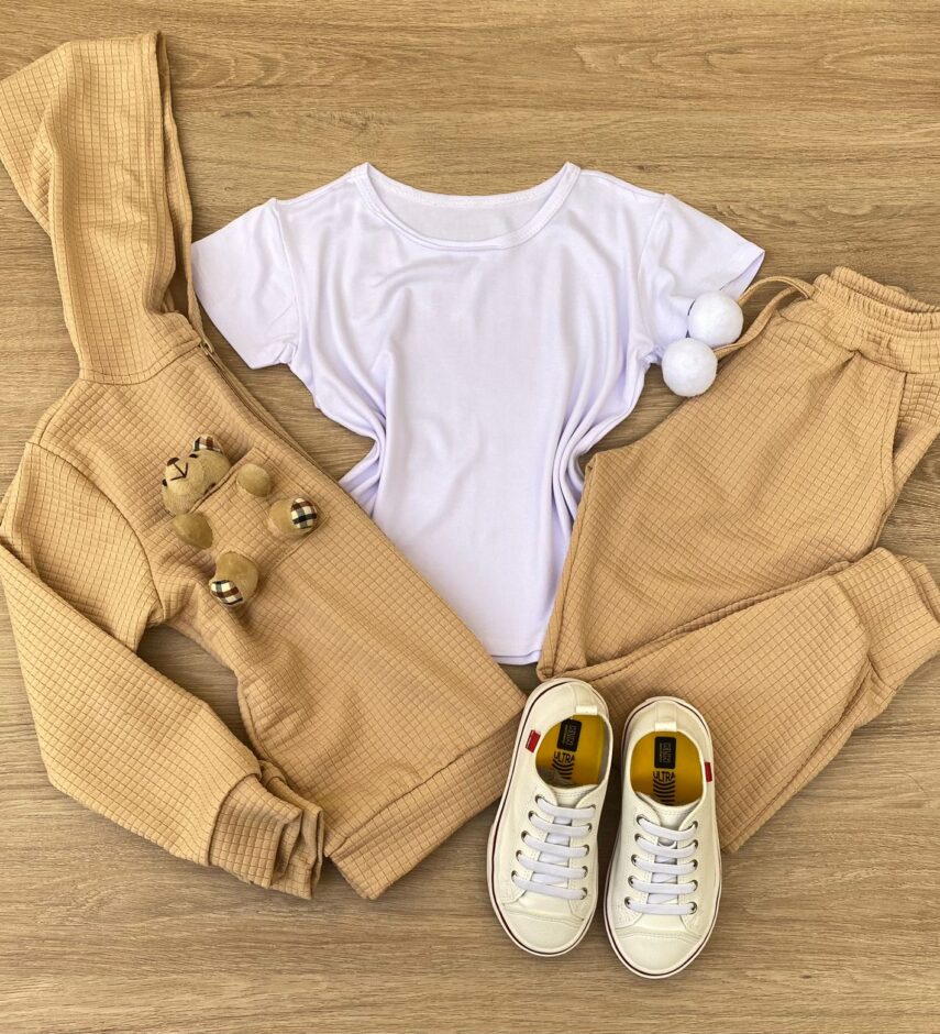 Conjunto Infantil Feminino Blusa Manga Curta + Jaqueta + Calça Bege Fernanda Ramos Kids