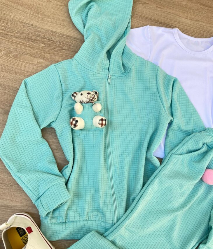 fernandaramoskids com br Conjunto Infantil Feminino Blusa Manga Curta + Jaqueta + Calça Verde 1