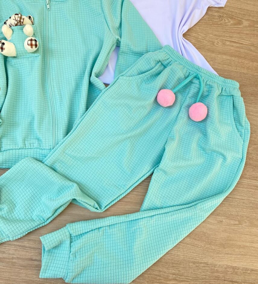 fernandaramoskids com br Conjunto Infantil Feminino Blusa Manga Curta + Jaqueta + Calça Verde 2