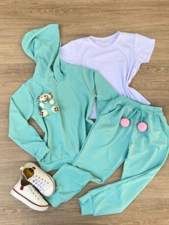 Conjunto Infantil Feminino Blusa Manga Curta + Jaqueta + Calça Verde Fernanda Ramos Kids
