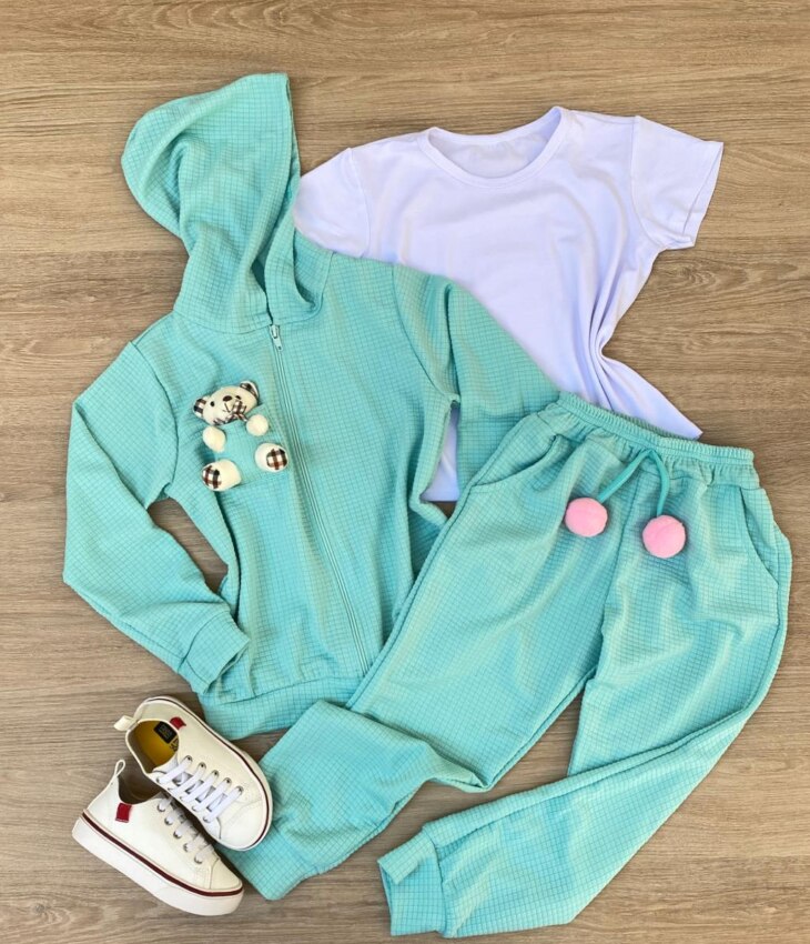 Conjunto Infantil Feminino Blusa Manga Curta + Jaqueta + Calça Verde Fernanda Ramos Kids