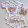 Conjunto Infantil Feminino Blusa Manga Curta Love e Short Branco Fernanda Ramos Kids