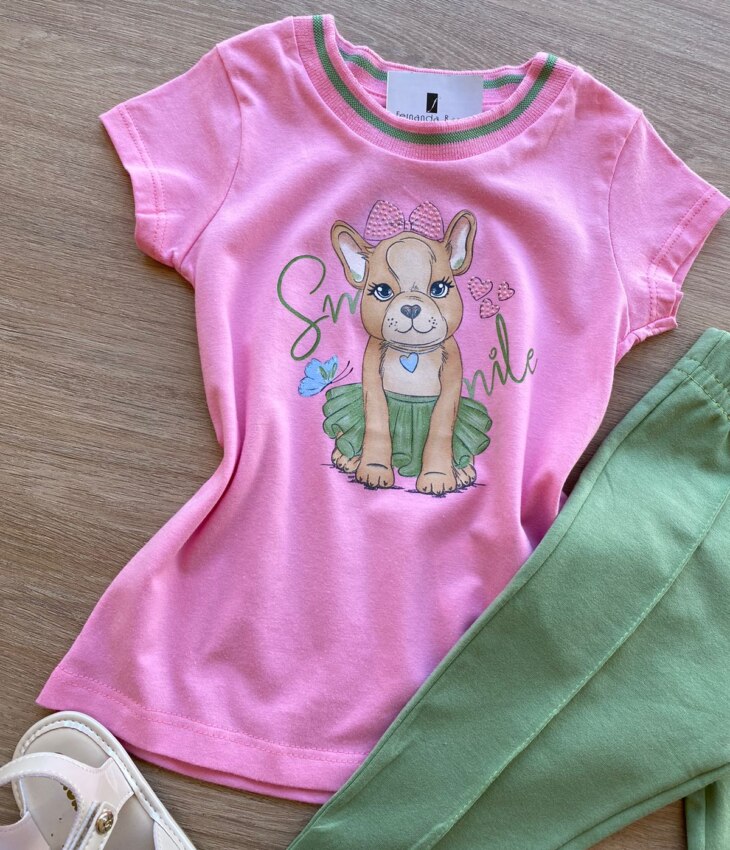 fernandaramoskids com br Conjunto Infantil Feminino Blusa Manga Curta Rosa e Legging Verde 1