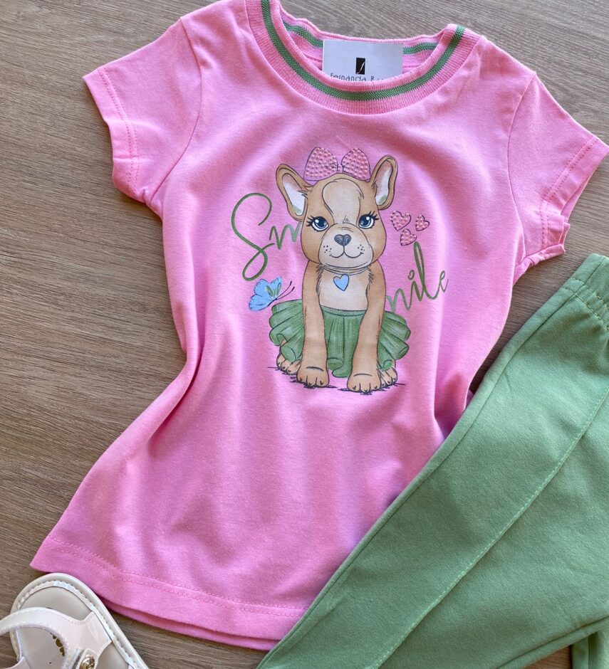 fernandaramoskids com br Conjunto Infantil Feminino Blusa Manga Curta Rosa e Legging Verde 1