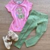 Conjunto Infantil Feminino Blusa Manga Curta Rosa e Legging Verde Fernanda Ramos Kids
