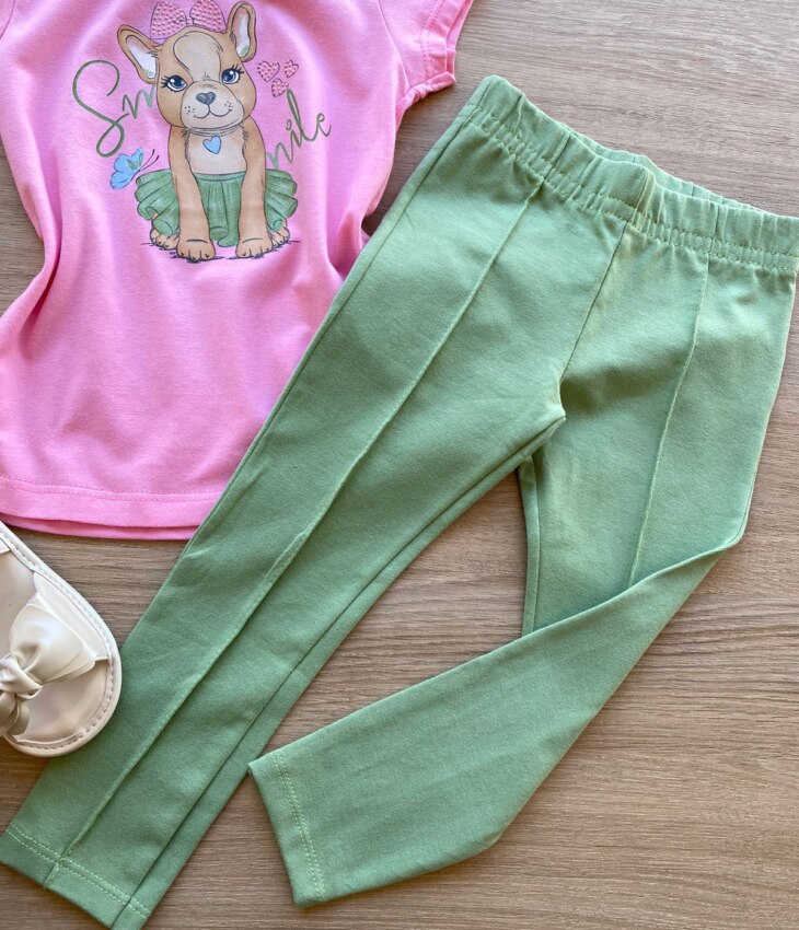 fernandaramoskids com br Conjunto Infantil Feminino Blusa Manga Curta Rosa e Legging Verde 2