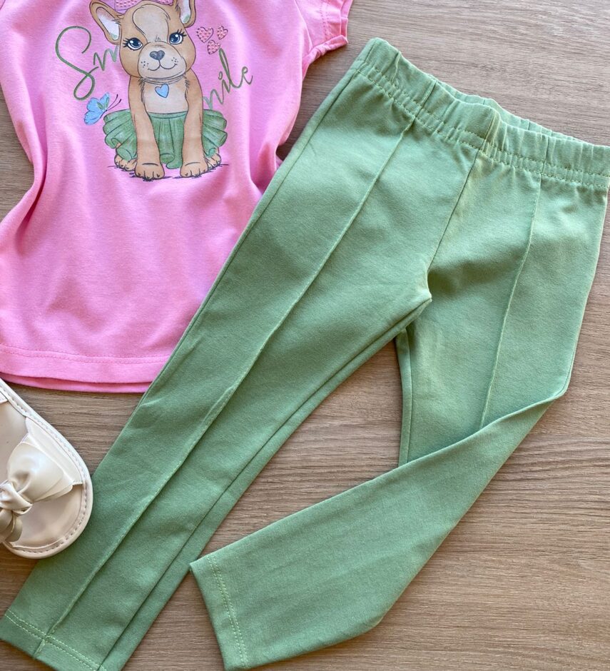 fernandaramoskids com br Conjunto Infantil Feminino Blusa Manga Curta Rosa e Legging Verde 2
