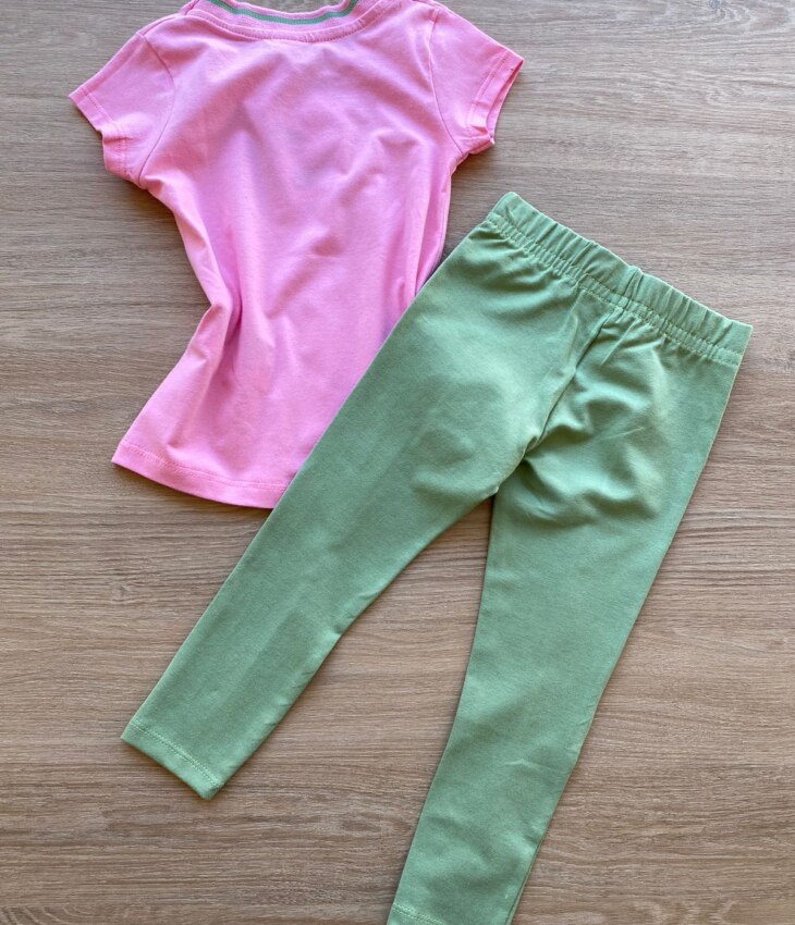 fernandaramoskids com br Conjunto Infantil Feminino Blusa Manga Curta Rosa e Legging Verde 3
