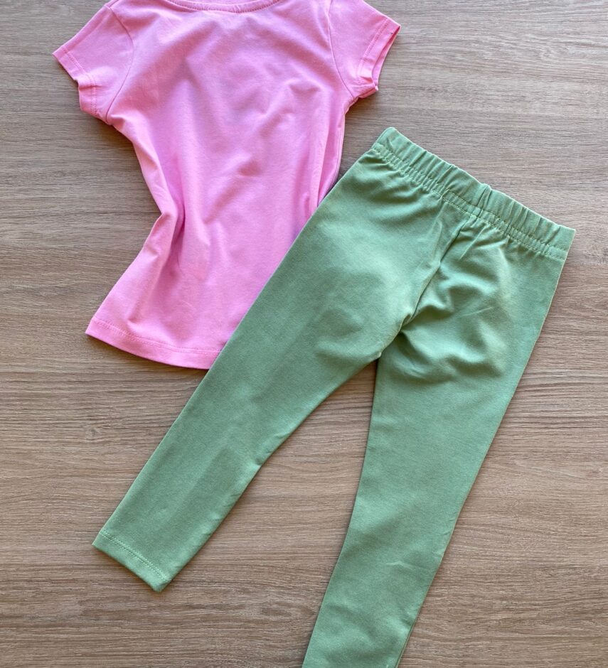 fernandaramoskids com br Conjunto Infantil Feminino Blusa Manga Curta Rosa e Legging Verde 3