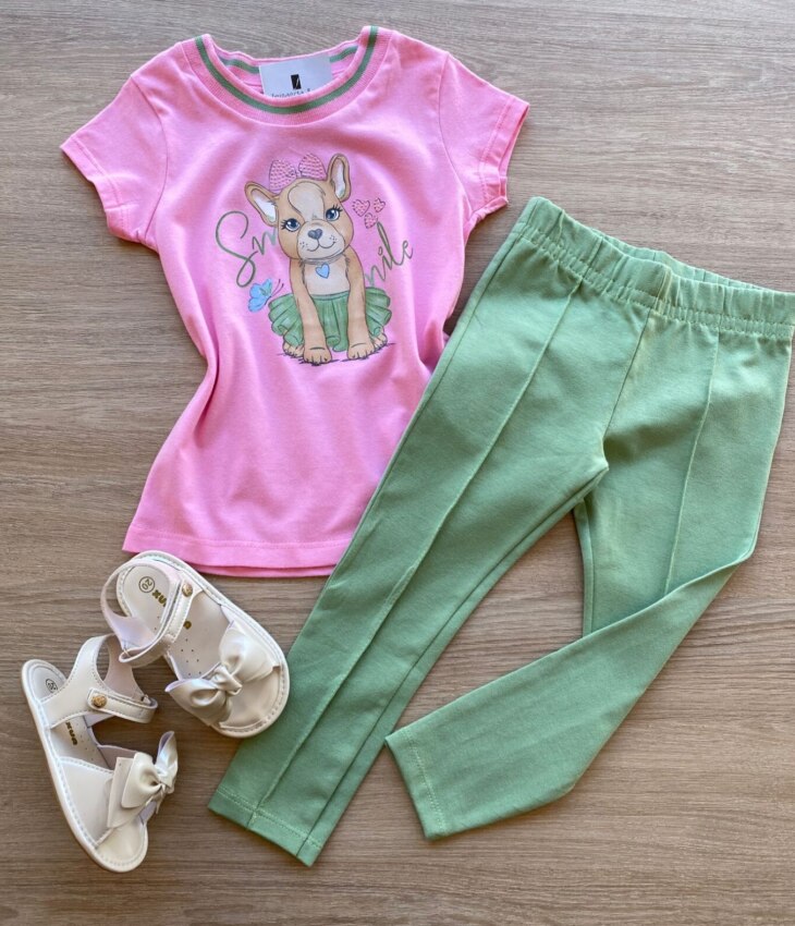 Conjunto Infantil Feminino Blusa Manga Curta Rosa e Legging Verde Fernanda Ramos Kids