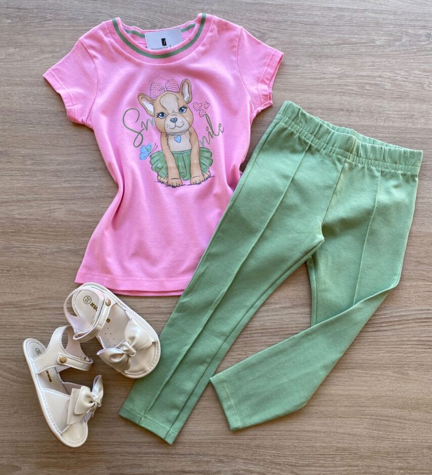 Conjunto Infantil Feminino Blusa Manga Curta Rosa e Legging Verde Fernanda Ramos Kids