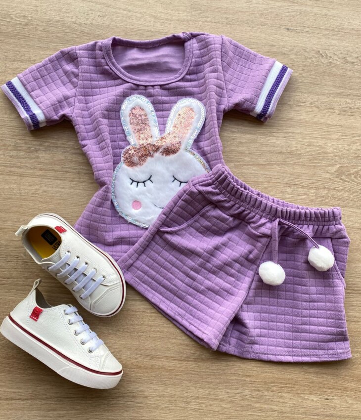 Conjunto Infantil Feminino Blusa Manga Curta Short Lilás Fernanda Ramos Kids