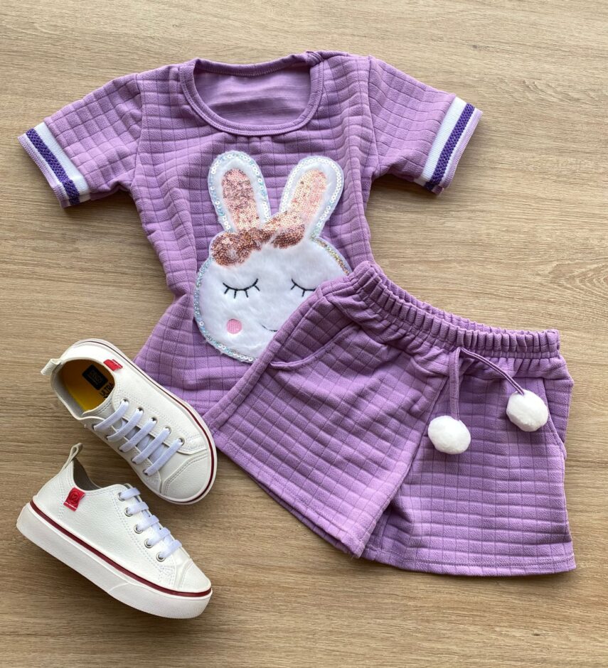 Conjunto Infantil Feminino Blusa Manga Curta Short Lilás Fernanda Ramos Kids