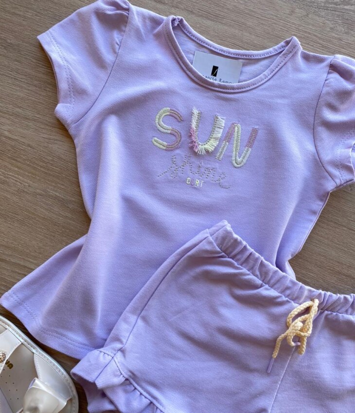 fernandaramoskids com br Conjunto Infantil Feminino Blusa Manga Curta Sun Shine e Short Lilás 1
