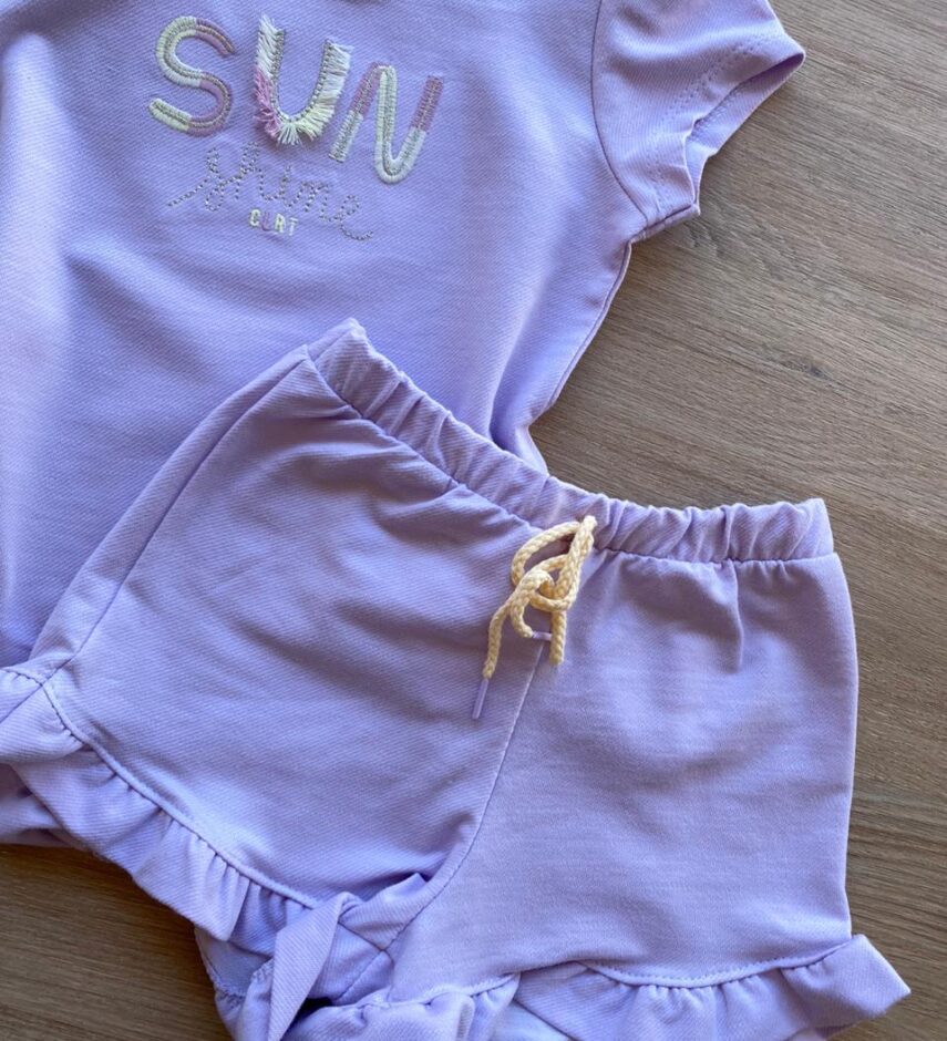 fernandaramoskids com br Conjunto Infantil Feminino Blusa Manga Curta Sun Shine e Short Lilás 2