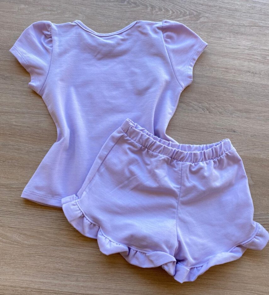 fernandaramoskids com br Conjunto Infantil Feminino Blusa Manga Curta Sun Shine e Short Lilás 3