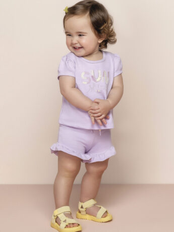 Conjunto Infantil Feminino Blusa Manga Curta Sun Shine e Short Lilás Fernanda ramos kids