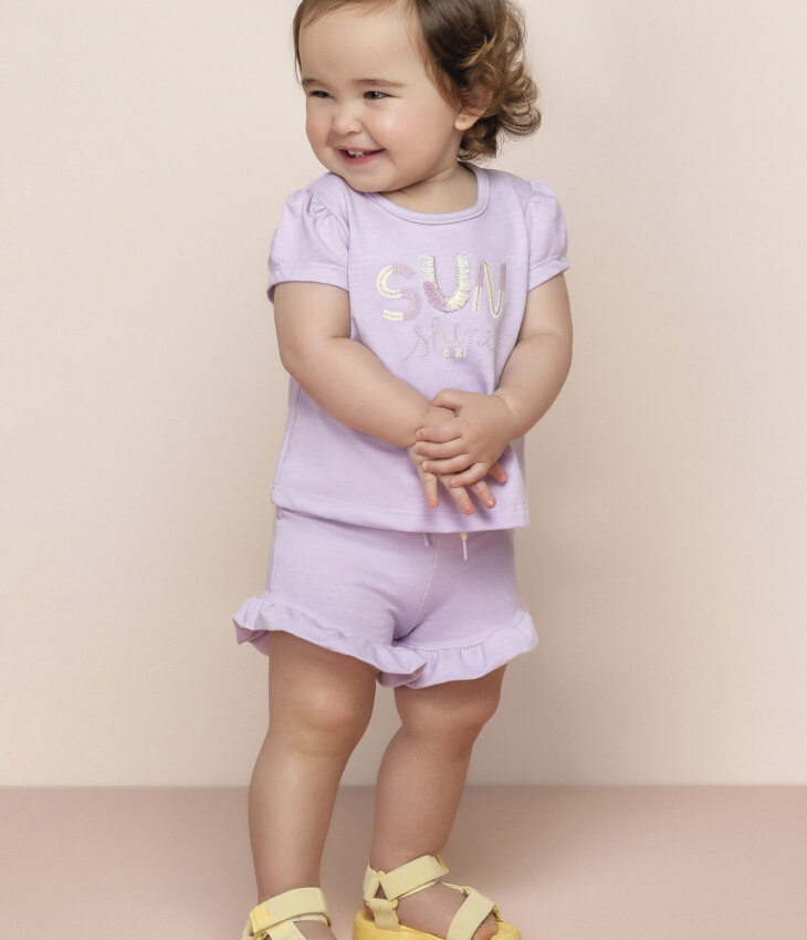 Conjunto Infantil Feminino Blusa Manga Curta Sun Shine e Short Lilás Fernanda ramos kids