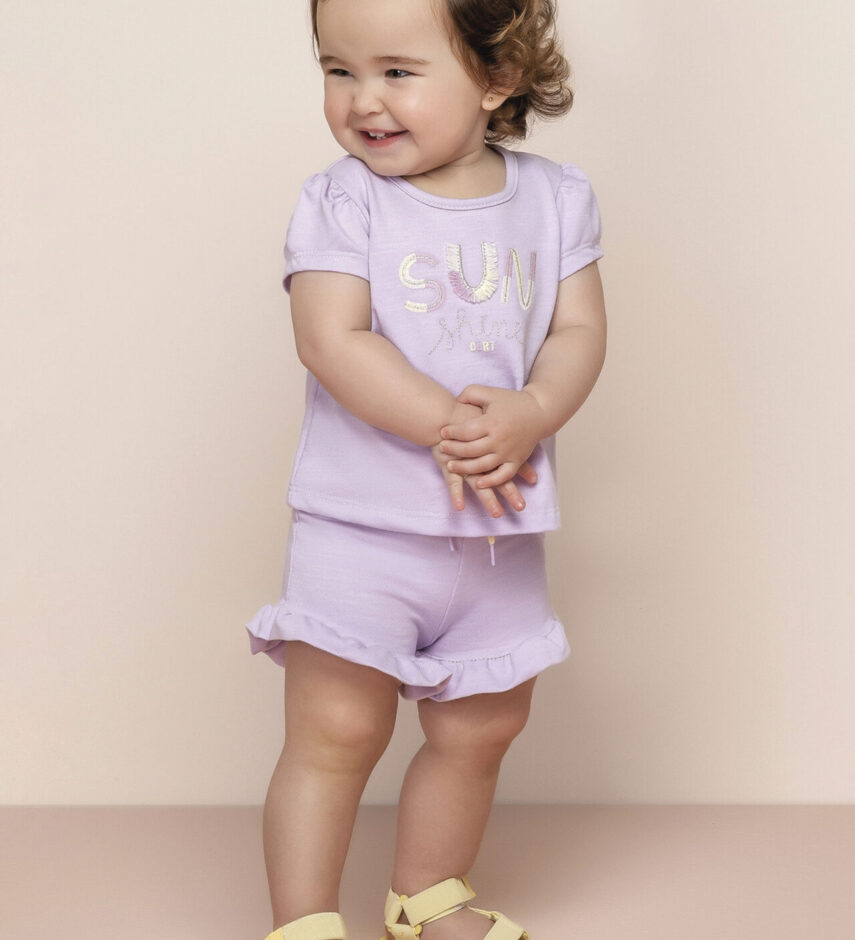 Conjunto Infantil Feminino Blusa Manga Curta Sun Shine e Short Lilás Fernanda ramos kids