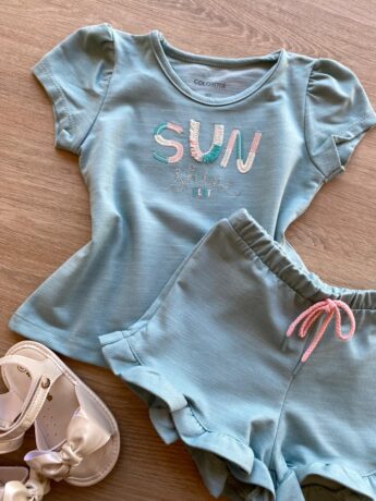fernandaramoskids com br Conjunto Infantil Feminino Blusa Manga Curta Sun Shine e Short Verde 1