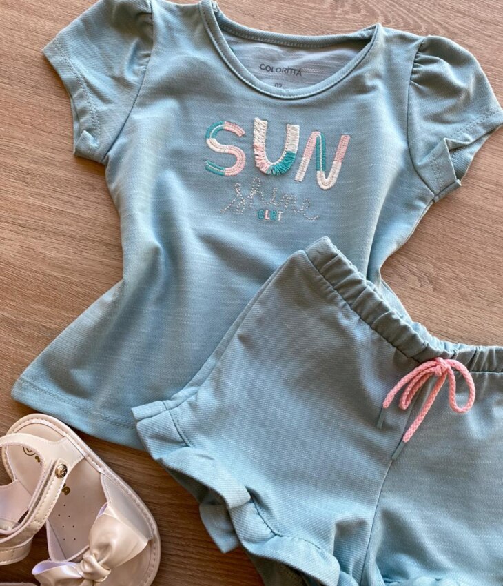 fernandaramoskids com br Conjunto Infantil Feminino Blusa Manga Curta Sun Shine e Short Verde 1