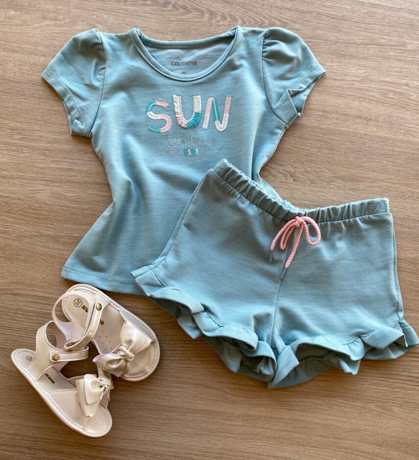 Conjunto Infantil Feminino Blusa Manga Curta Sun Shine e Short Verde Fernanda Ramos Kids