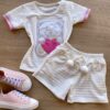 Conjunto Infantil Feminino Blusa Manga Curta Urso e Short Branco Fernanda Ramos Kids