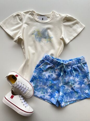 Conjunto Infantil Feminino Blusa Off White e Short Estampado Estrelas Fernanda Ramos Kids