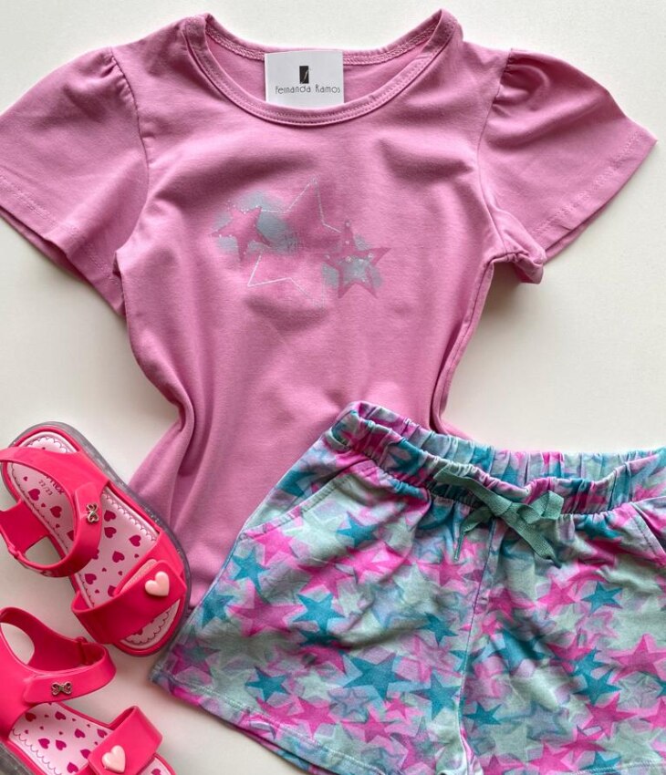 fernandaramoskids com br Conjunto Infantil Feminino Blusa Rosa e Short Estampado Estrelas 1