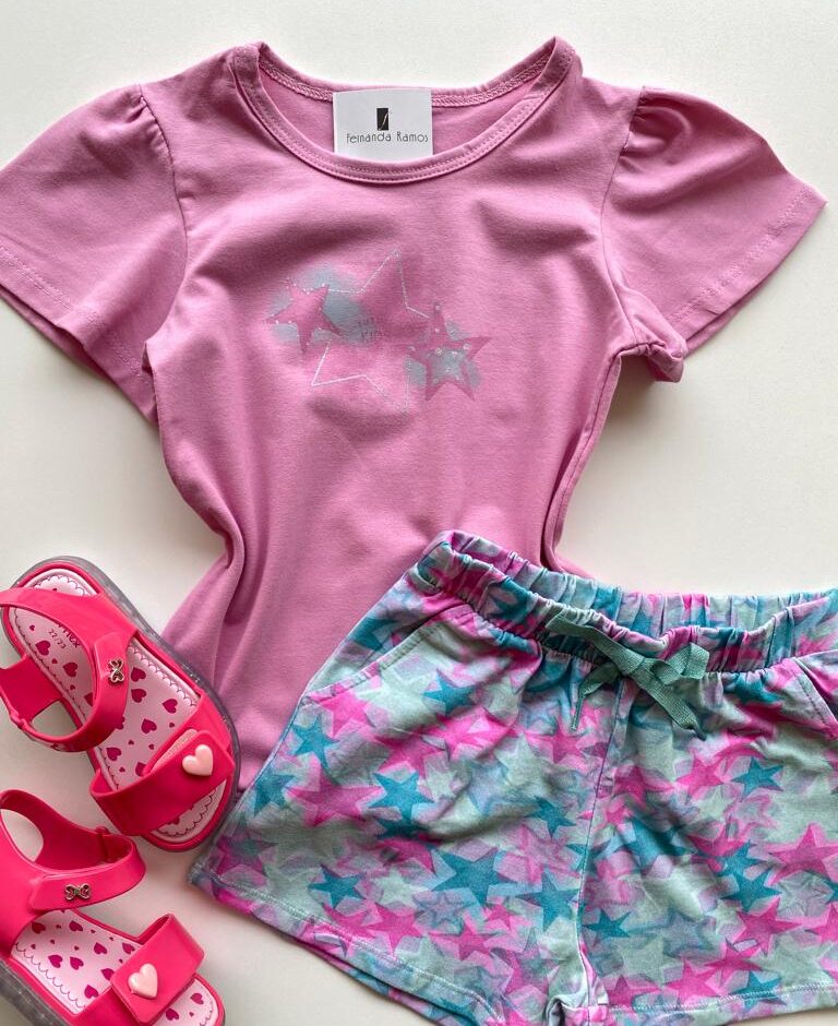 fernandaramoskids com br Conjunto Infantil Feminino Blusa Rosa e Short Estampado Estrelas 1