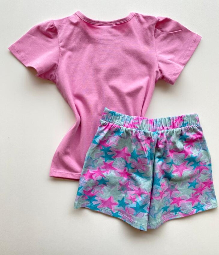 fernandaramoskids com br Conjunto Infantil Feminino Blusa Rosa e Short Estampado Estrelas 3