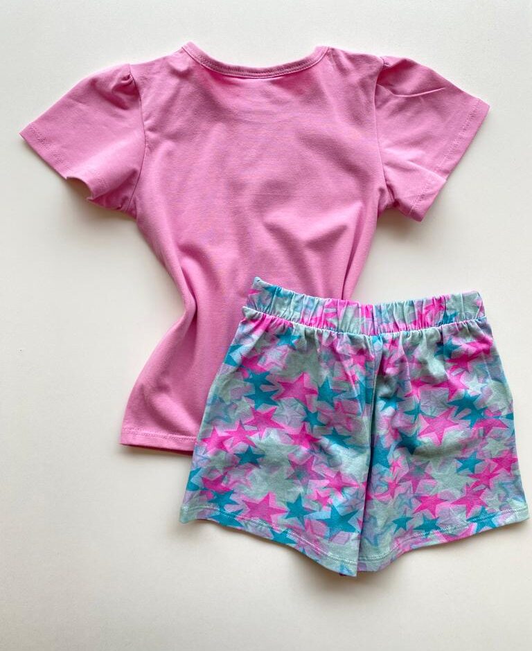 fernandaramoskids com br Conjunto Infantil Feminino Blusa Rosa e Short Estampado Estrelas 3