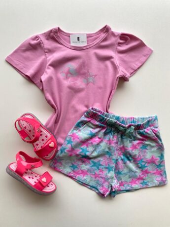 fernandaramoskids_com_br- Conjunto Infantil Feminino Blusa Rosa e Short Estampado Estrelas Fernanda Ramos Kids