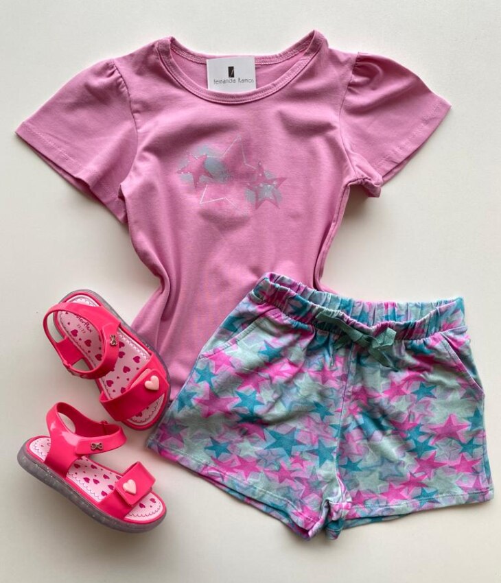fernandaramoskids_com_br- Conjunto Infantil Feminino Blusa Rosa e Short Estampado Estrelas Fernanda Ramos Kids