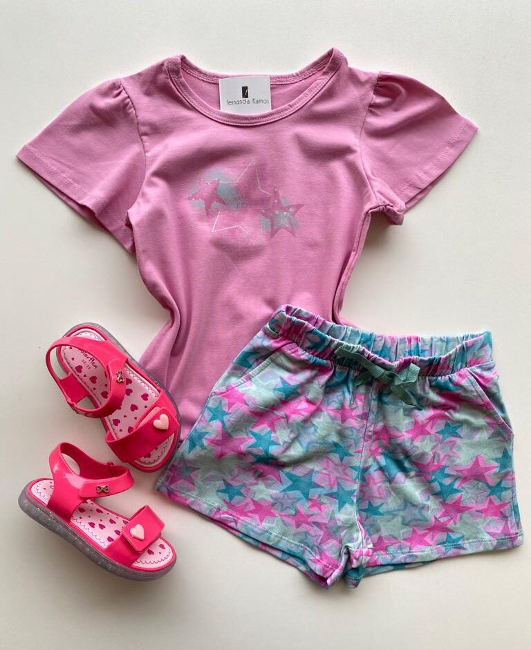 fernandaramoskids_com_br- Conjunto Infantil Feminino Blusa Rosa e Short Estampado Estrelas Fernanda Ramos Kids