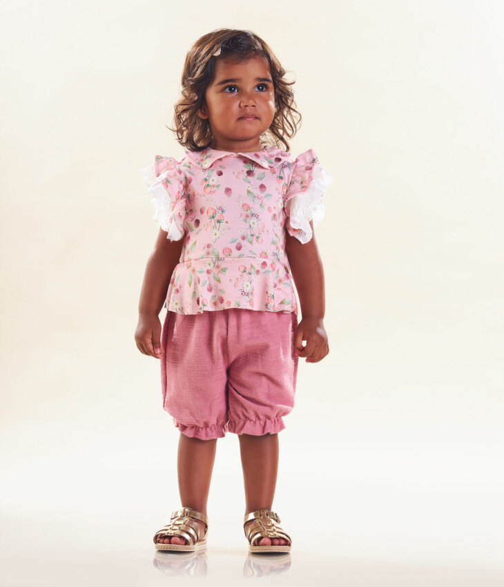 Conjunto Infantil Feminino Body Estampado Detalhe em Guipir na Manga Short Fernanda ramos kids