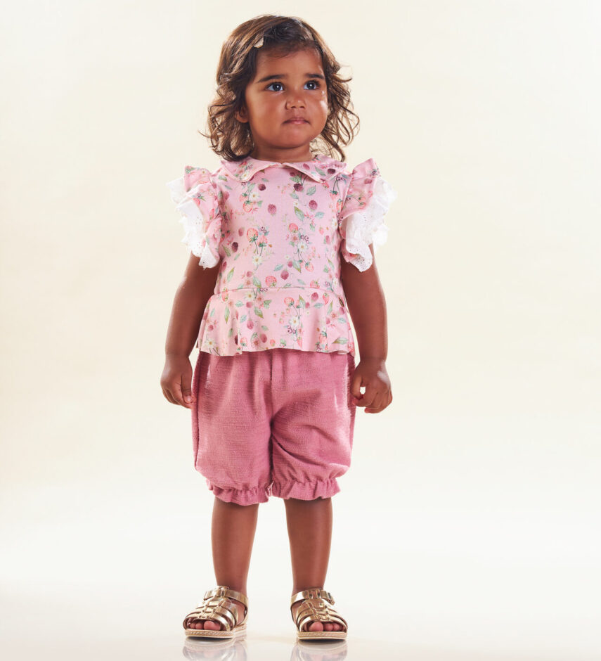 Conjunto Infantil Feminino Body Estampado Detalhe em Guipir na Manga Short Fernanda ramos kids
