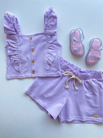 Conjunto Infantil Feminino Cropped com Babado e Short Lilás Fernanda Ramos Kids