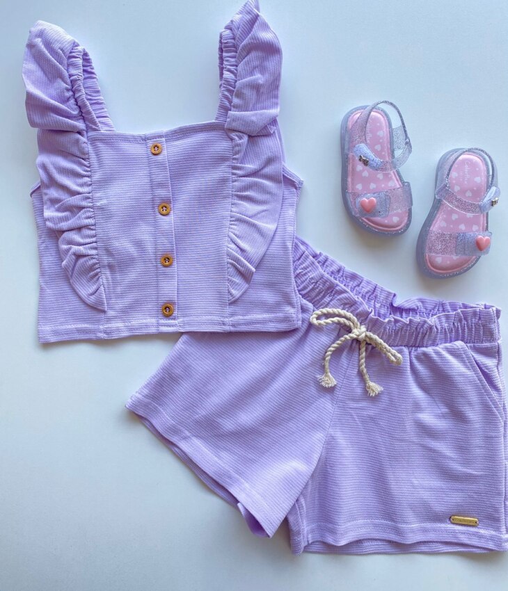 Conjunto Infantil Feminino Cropped com Babado e Short Lilás Fernanda Ramos Kids
