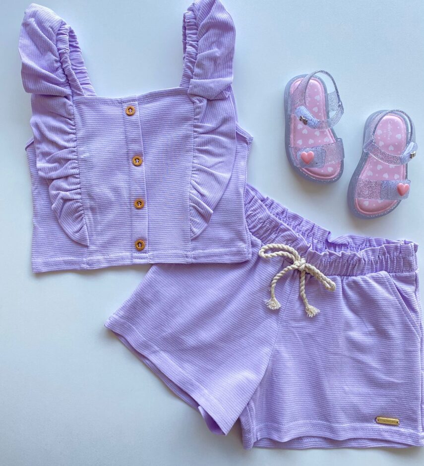 Conjunto Infantil Feminino Cropped com Babado e Short Lilás Fernanda Ramos Kids