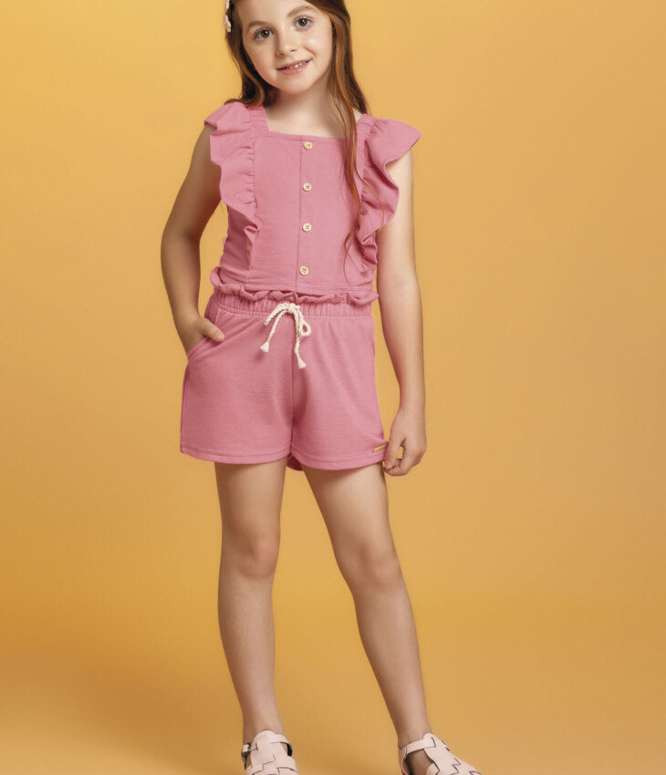 Conjunto Infantil Feminino Cropped com Babado e Short Rosa Fernanda ramos kids