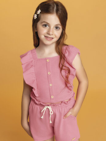 fernandaramoskids com br Conjunto Infantil Feminino Cropped com Babado e Short Rosa 1