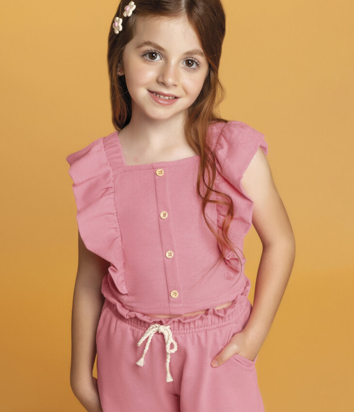 fernandaramoskids com br Conjunto Infantil Feminino Cropped com Babado e Short Rosa 1